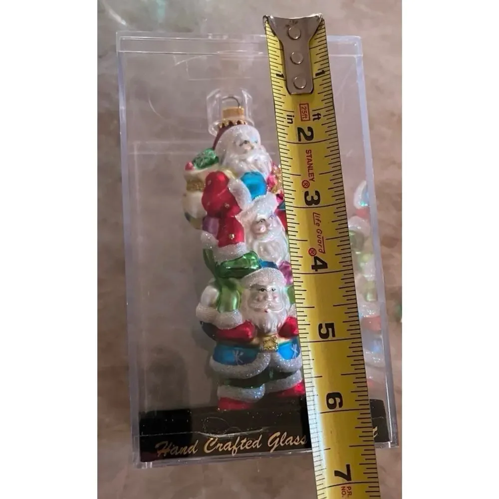 Vintage handcrafted blown glass triple Santa’s ornament new in box 2004
